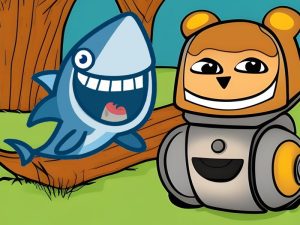 "A happy cartoon shark with a happy robot cartoon beaver in a forest." by DALL-E