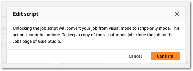 Unlocking the job script will convert your job from visual mode to script-only mode. This action cannot be undone. To keep a copy of the visual-mode job, clone the job on the Jobs page of Glue Studio.